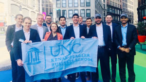 Students Holding UNC Kenan-Flagler Business School Flag in New York City