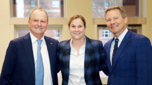 Jill Ellis and Andson Dorrance and Kevin Guskiewicz Smiling at the 2020 Weatherspoon Lecture