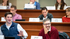 Students smile during UNC Kenan-Flagler Weekend MBA class