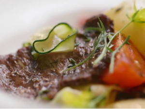A meal served by Aleph Farms using their cell-grown steak.