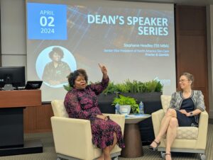 Stephanie Headley (left) and Dean Mary Margaret Frank during an April 2024 Dean's Speaker Series fireside chat. 