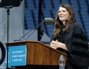 Mia Hamm (BA ’94) addresses graduates.