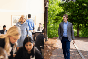 Side-by-side photos of Cochran and Kundro. Cochran is smiling while students work and Kundro is walking outside of the Business School.
