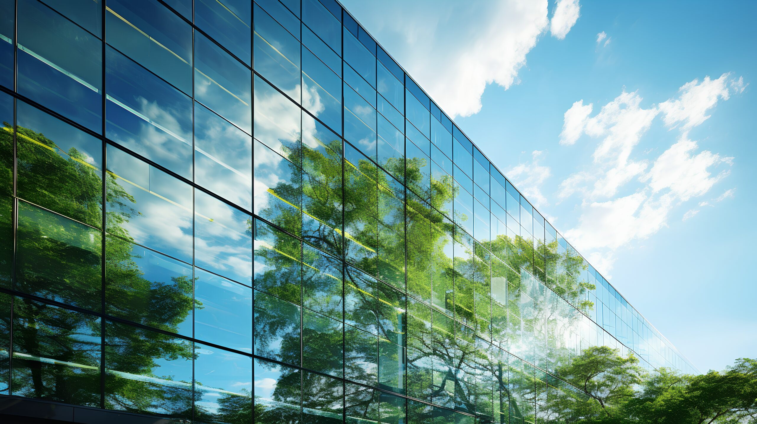 Exemplifying the ESG - Environmental, Social, Governance concept, a corporate glass building facade reflects green trees. Importance of integrating sustainability into business practice.