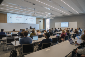 New classrooms provide flexible teaching space with advanced technology, including digital screens on all walls.