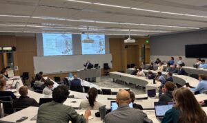 Tom Williams, president at Grubb Properties, speaks to students in a Bell Hall classroom as a part of the ongoing Housing Affordability Speaker Series. 