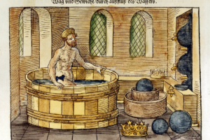Archimedes stepping into a tub of water - drawing