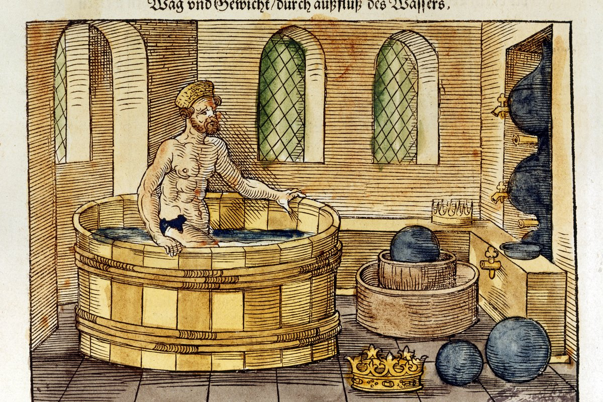 Archimedes stepping into a tub of water - drawing