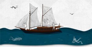 Drawing of sail boat on ocean with people on board and diving underneath