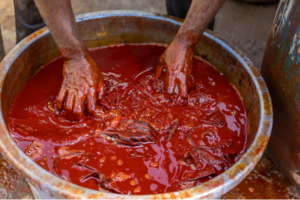 Hands dying fabric in large pot.