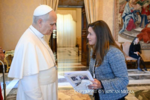Katie Lelarge (MBA ’06) meeting with Pope Leo XIV.