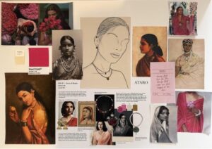 The vision board for Ataro’s debut Rani of Hearts collection, inspired by South Asian femininity, the royal color Rani Pink and timeless heritage jewelry.