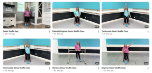 A screenshot of six video thumbnails from Halle Powell (BSBA ’30)’s The Senior Shuffle Project YouTube channel.