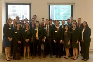 The UNC Kenan-Flagler MBA Real Estate Club with Pamela West (MBA '07) inside TH Real Estate's 475 Fifth Avenue building.