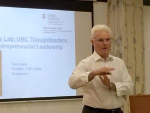 Tom Lewis (MBA '73) speaking to an entrepreneurship class at UNC Kenan-Flagler.