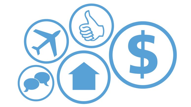 Cloud of icons: plane, house, money