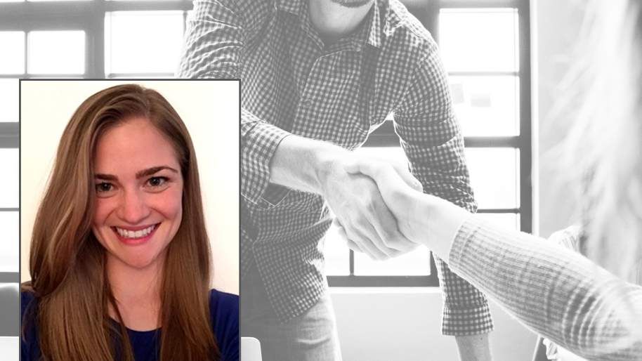 Kelsey Short headshot with photo of people shaking hands in background