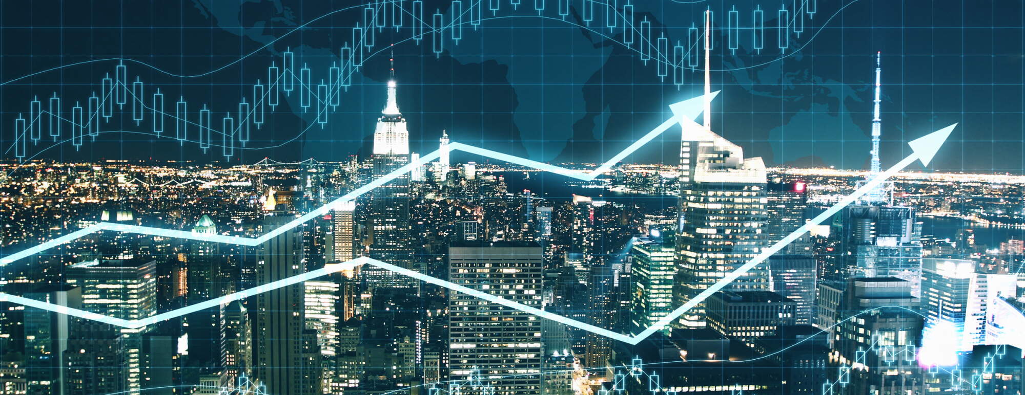 Various line charts with a nighttime cityscape in the background