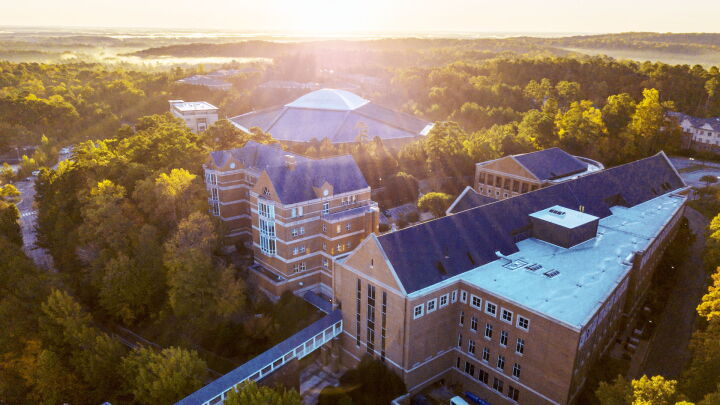 Aerial UNC Kenan Flagler School of Business Grounds at Sunset in Chapel Hill