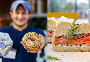 Alex Brandwein holding a bagel