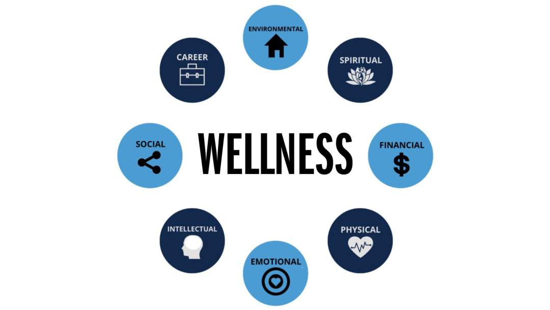 Wellness Wheel clockwise: Environmental, Spiritual, Financial, Physical, Emotional, Intellectural, Social and Career