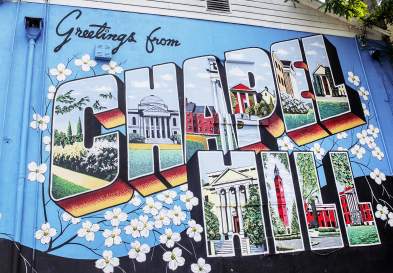 View of a mural that says 