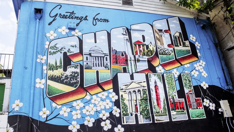 View of a mural that says