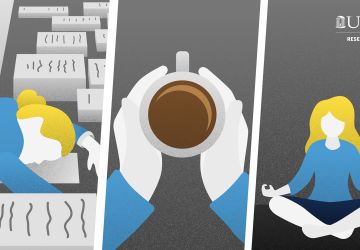 Graphic With Tired Employee And Coffee And Employee Doing Yoga By UNC Research For Mike Christian Of UNC Kenan-Flagler