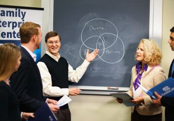 Standing at chalkboard in class is leadership and students of Family Enterprise Center at UNC Chapel Hill