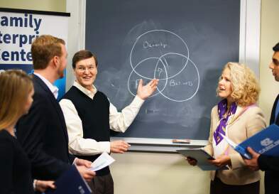 Standing at chalkboard in class is leadership and students of Family Enterprise Center at UNC Chapel Hill