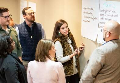 Team writing on whiteboard during UNC Kenan-Flagler weekend MBA class