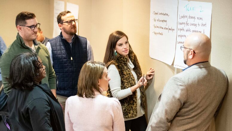 Team writing on whiteboard during UNC Kenan-Flagler weekend MBA class