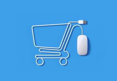 White Mouse Cable Forming A Shopping Cart Symbol On Blue Background