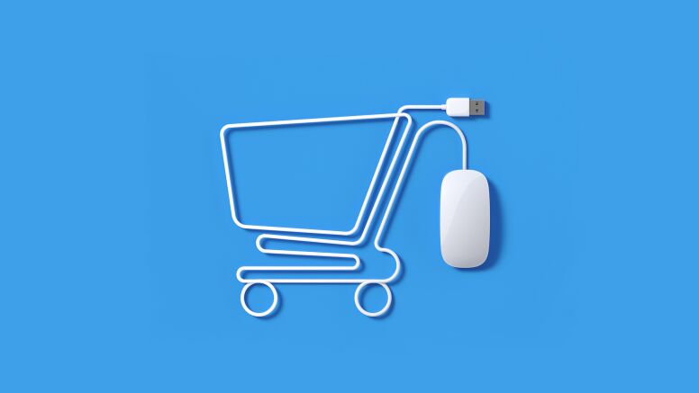 White Mouse Cable Forming A Shopping Cart Symbol On Blue Background