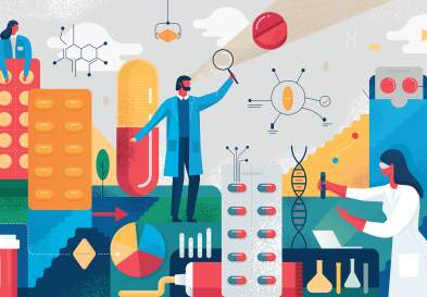 Illustration with hand drawn textures depicting pharmacy and medical research concept.