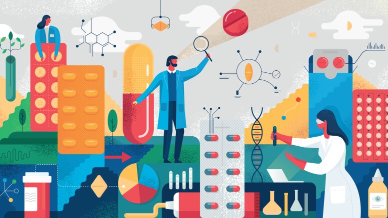 Illustration with hand drawn textures depicting pharmacy and medical research concept.