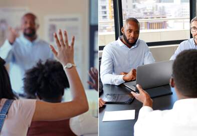 Teacher is in class and then transitions to the board room