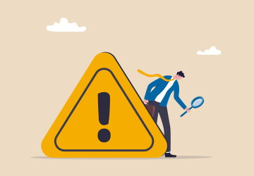 Incident management, root cause analysis or solving problem, identify risk or critical failure concept, businessman with magnifier monitor and investigate incident with exclamation attention sign.