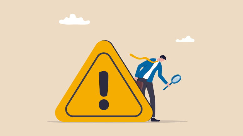 Incident management, root cause analysis or solving problem, identify risk or critical failure concept, businessman with magnifier monitor and investigate incident with exclamation attention sign.