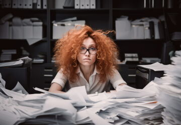 Gestresste Frau im Büro - Burnout, Überstunden, Personalmangel
