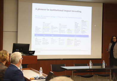 Pamela West presents slides to MBA and undergraduate students about the affordable housing portfolio purchased by Nuveen last year.