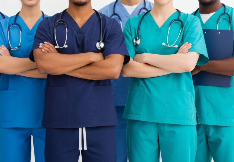 Team of medical professionals in scrubs standing with arms crossed