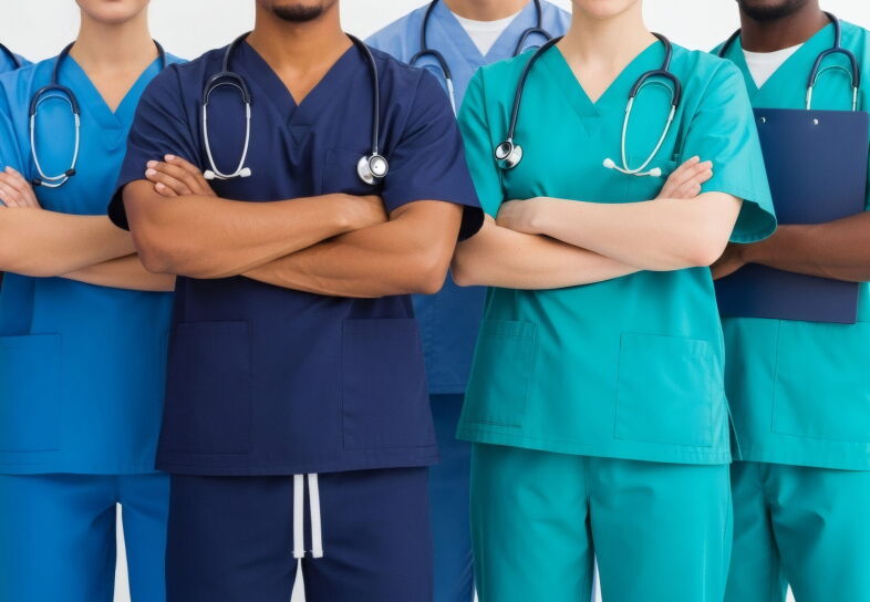 Team of medical professionals in scrubs standing with arms crossed