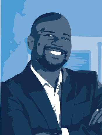 Stylized vector graphic of a person in a suit, smiling with arms crossed against a blue-toned background.