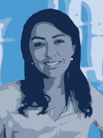 Stylized illustration of a person smiling with a blue-toned abstract background.