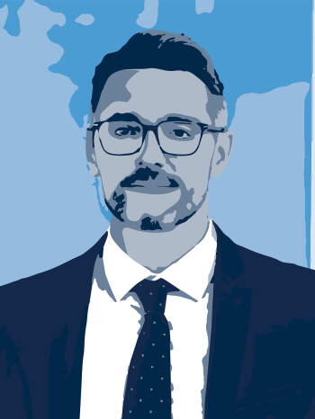 Illustration of a man in a suit wearing glasses with a serious expression against a blue abstract background