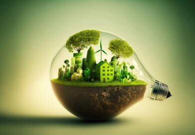 Generative AI illustration of a small green ecological city inside a big lightbulb