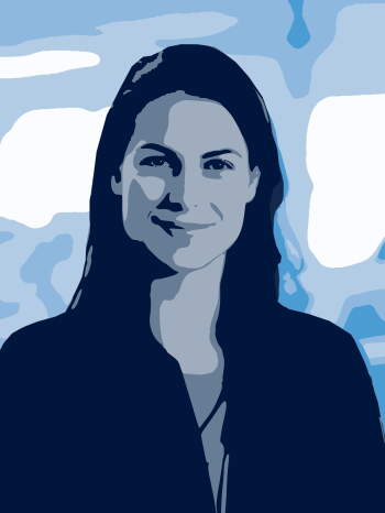 Illustration of a woman in a suit smiling against a blue abstract background.