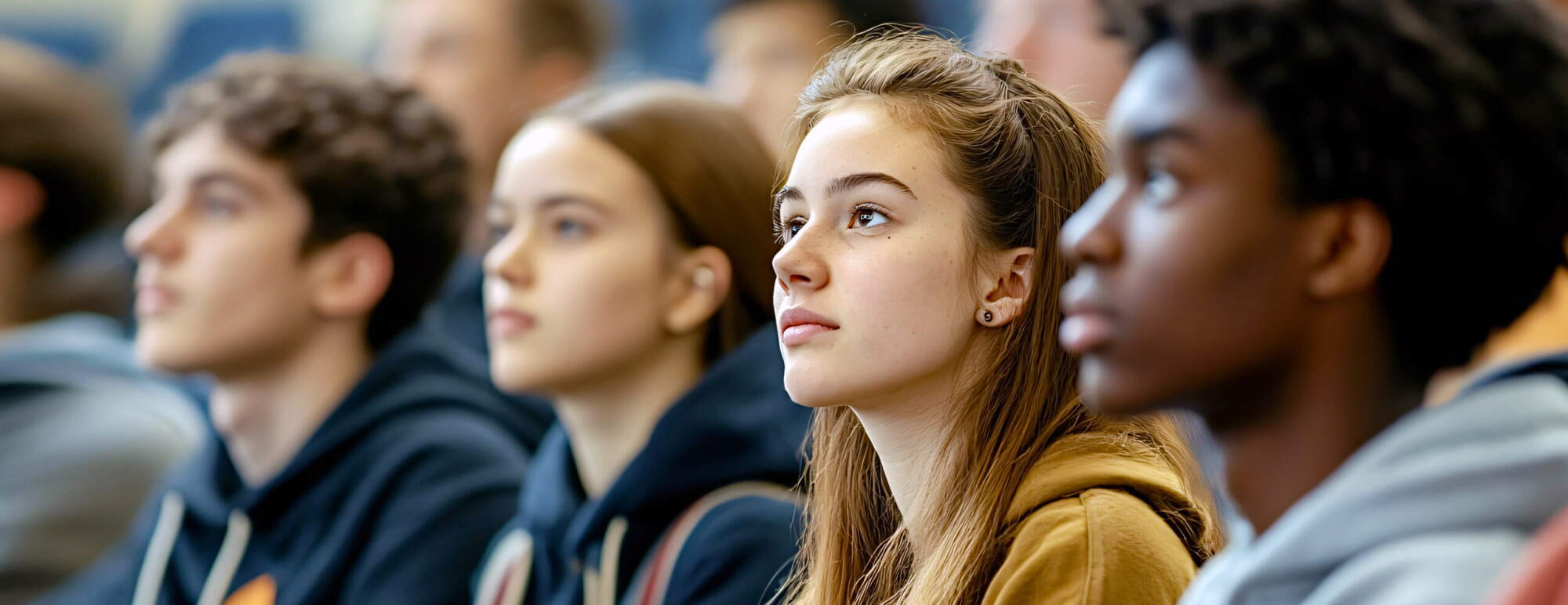 Row of high-school students listening