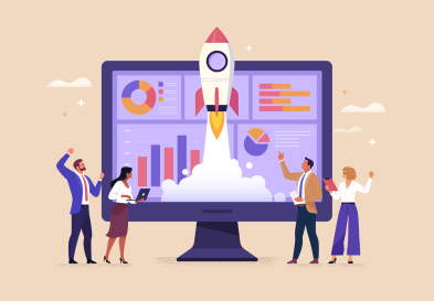 A cartoon of four business professionals standing around a computer monitor displaying charts and a rocket launching.